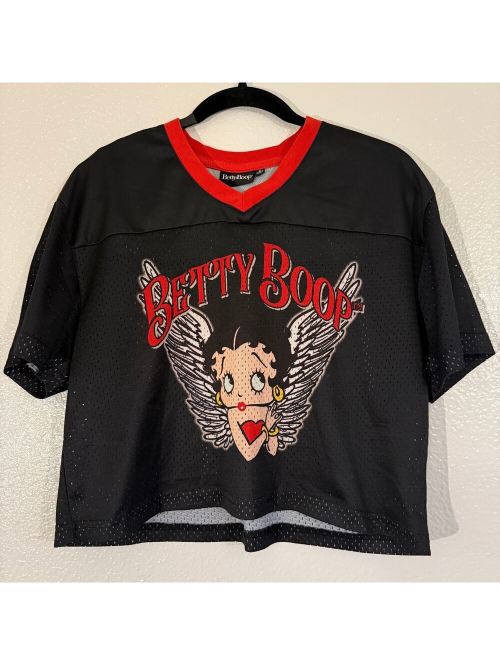 Betty Boop Angel Mesh Football Jersey Crop Top Black Red Graphic Size S